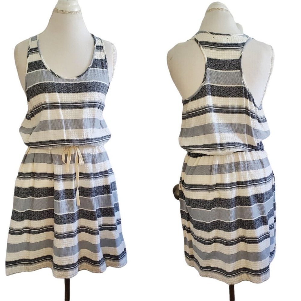 Lou & Grey Casual Tank Blouson Dress Gray‎ Stripe Drawstring Waist Pockets M